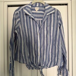 J. Crew White and Blue Long Sleeve Crop Button Down Shirt